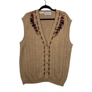 Jantzen Vintage Cable Knit Cardigan Vest Sweater Embroidered Sleeveless Tan * 2X